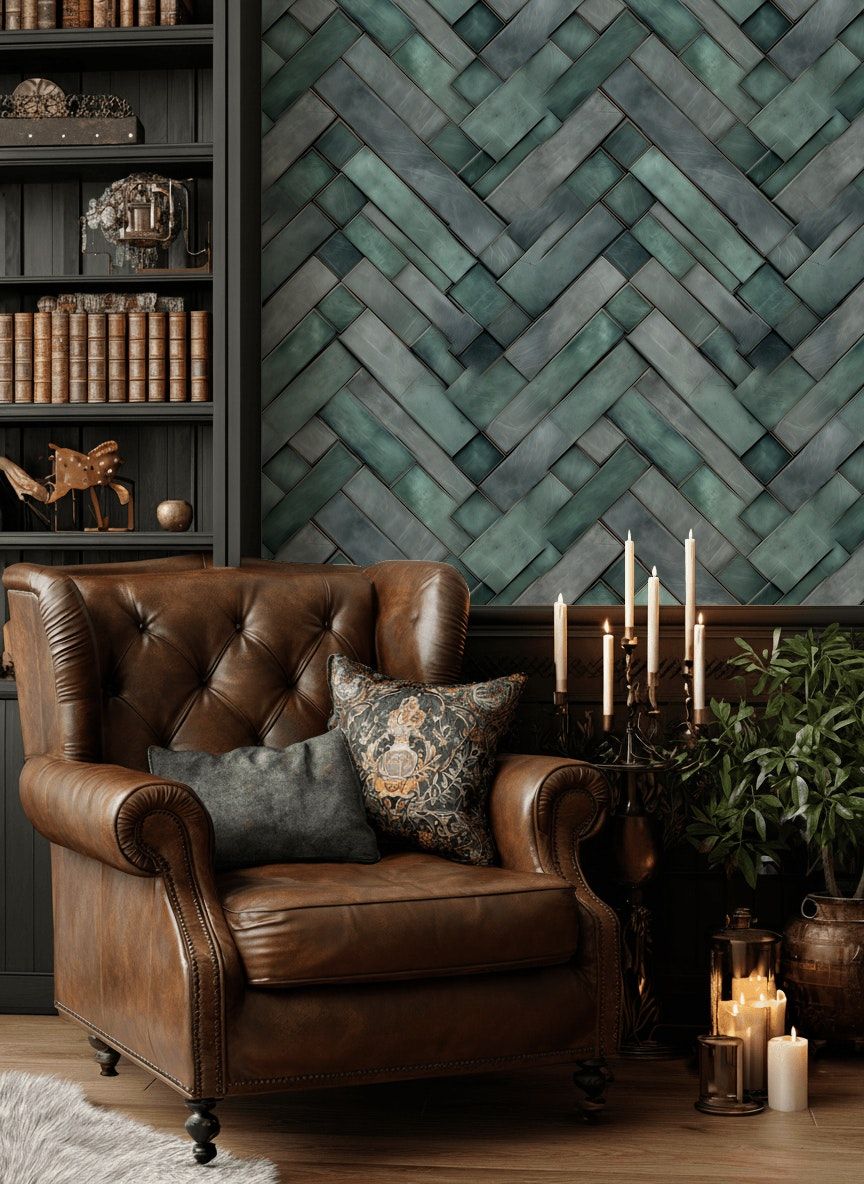 Deep Teal Chevron Geometric Wallpaper