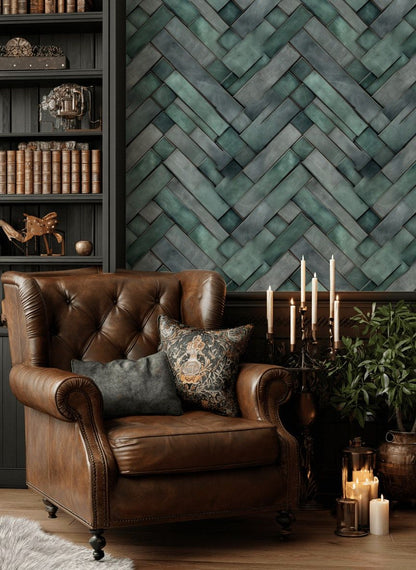 Deep Teal Chevron Geometric Wallpaper