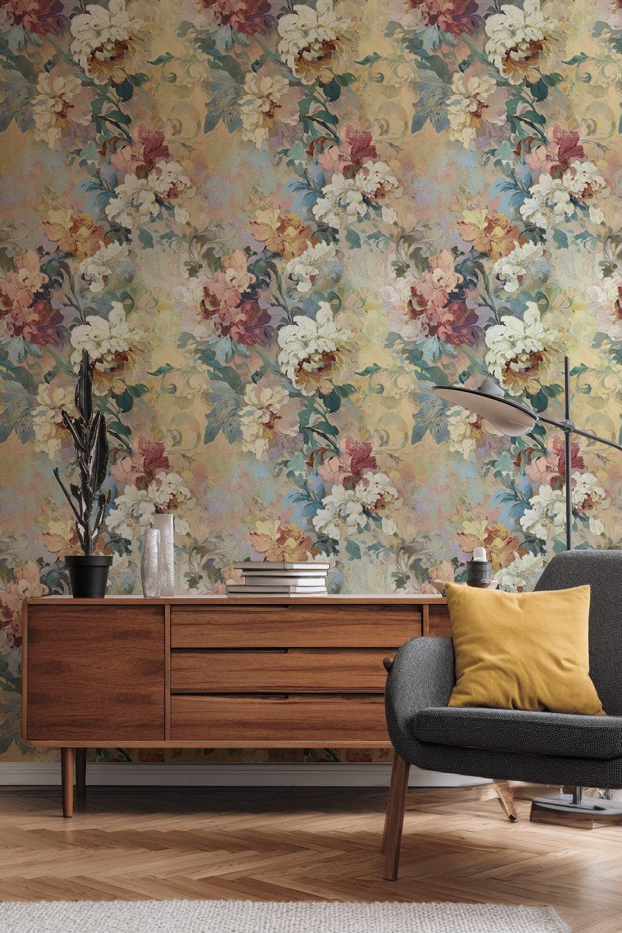 Vintage Multicolor Large Floral Wallpaper