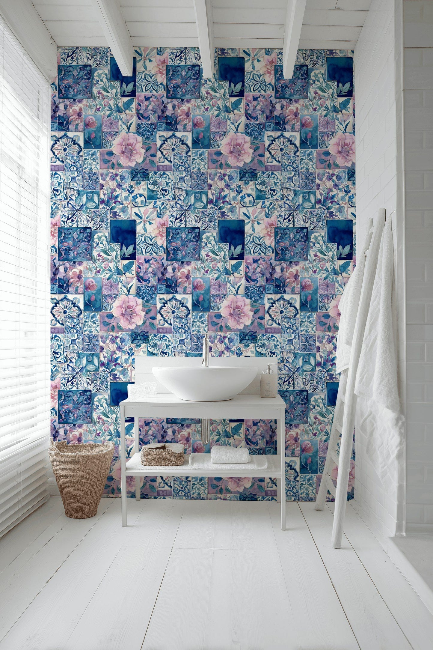 Blue Floral Tile Wallpaper Botanical Patchwork Wall Mural
