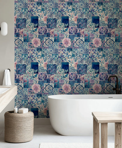 Elegant Blue and Pink Floral Patchwork Wallpaper