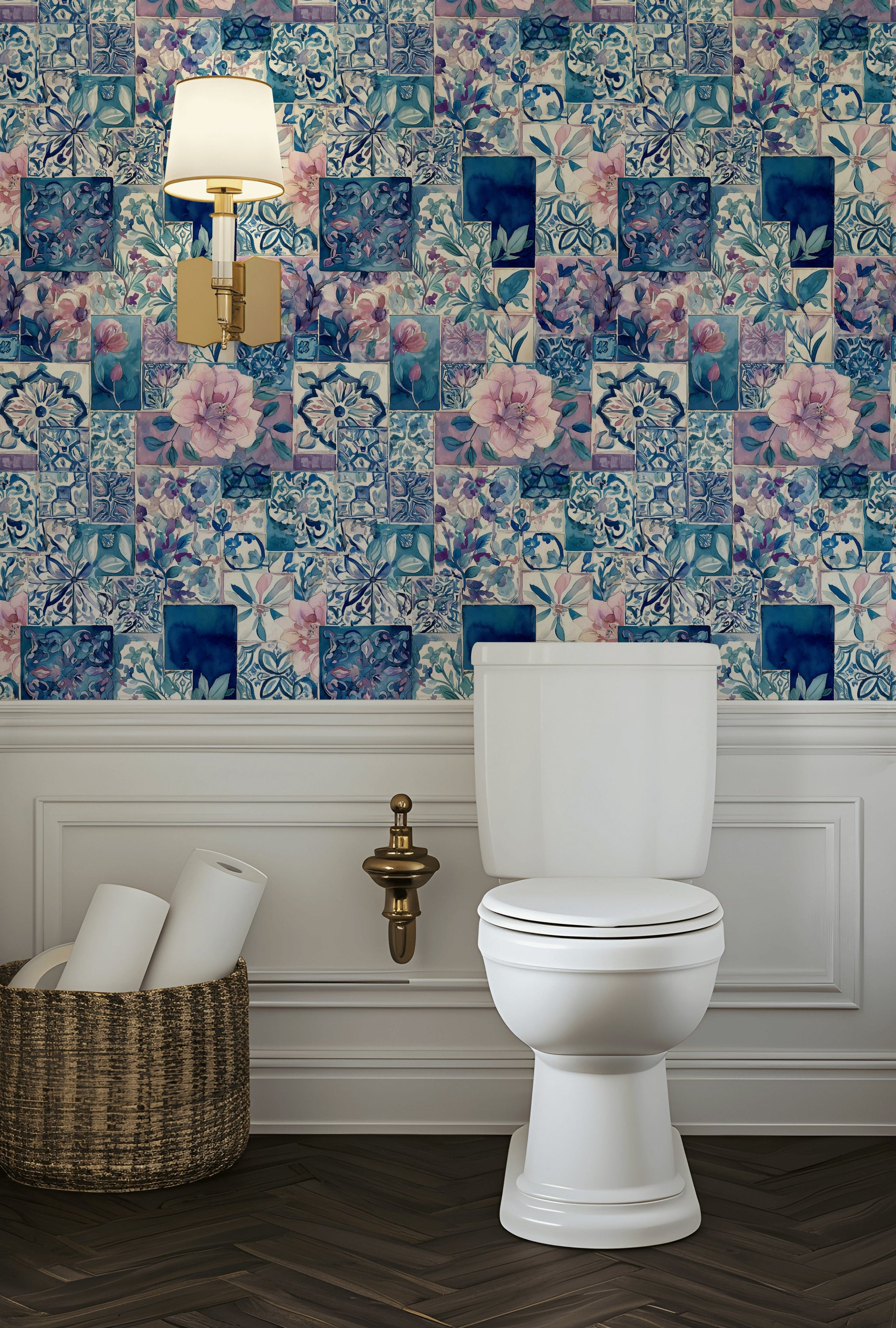 Elegant Blue and Pink Floral Patchwork Wallpaper