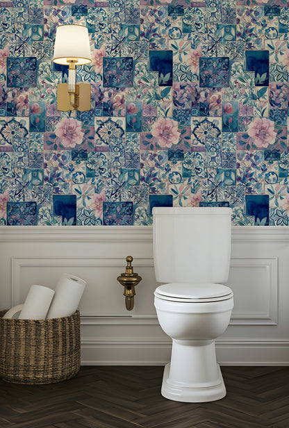 Elegant Blue and Pink Floral Patchwork Wallpaper