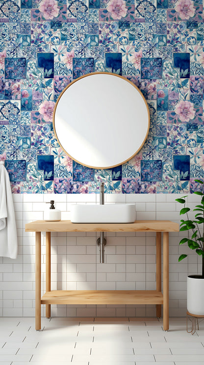 Elegant Blue and Pink Floral Patchwork Wallpaper