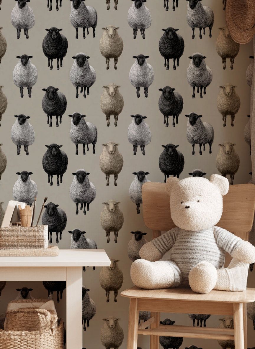 Neutral Beige Sheep Pattern Wallpaper