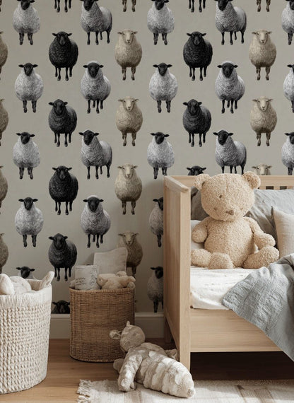 Neutral Beige Sheep Pattern Wallpaper