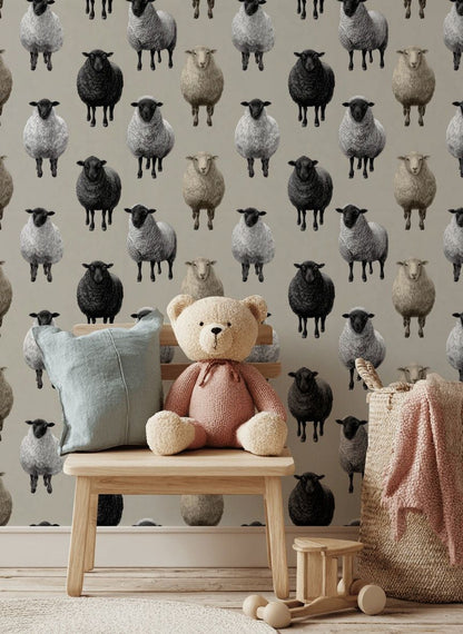 Neutral Beige Sheep Pattern Wallpaper