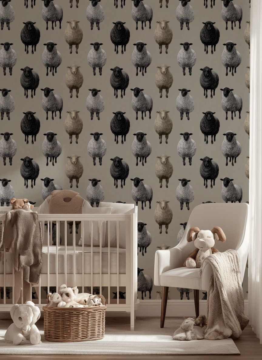 Neutral Beige Sheep Pattern Wallpaper