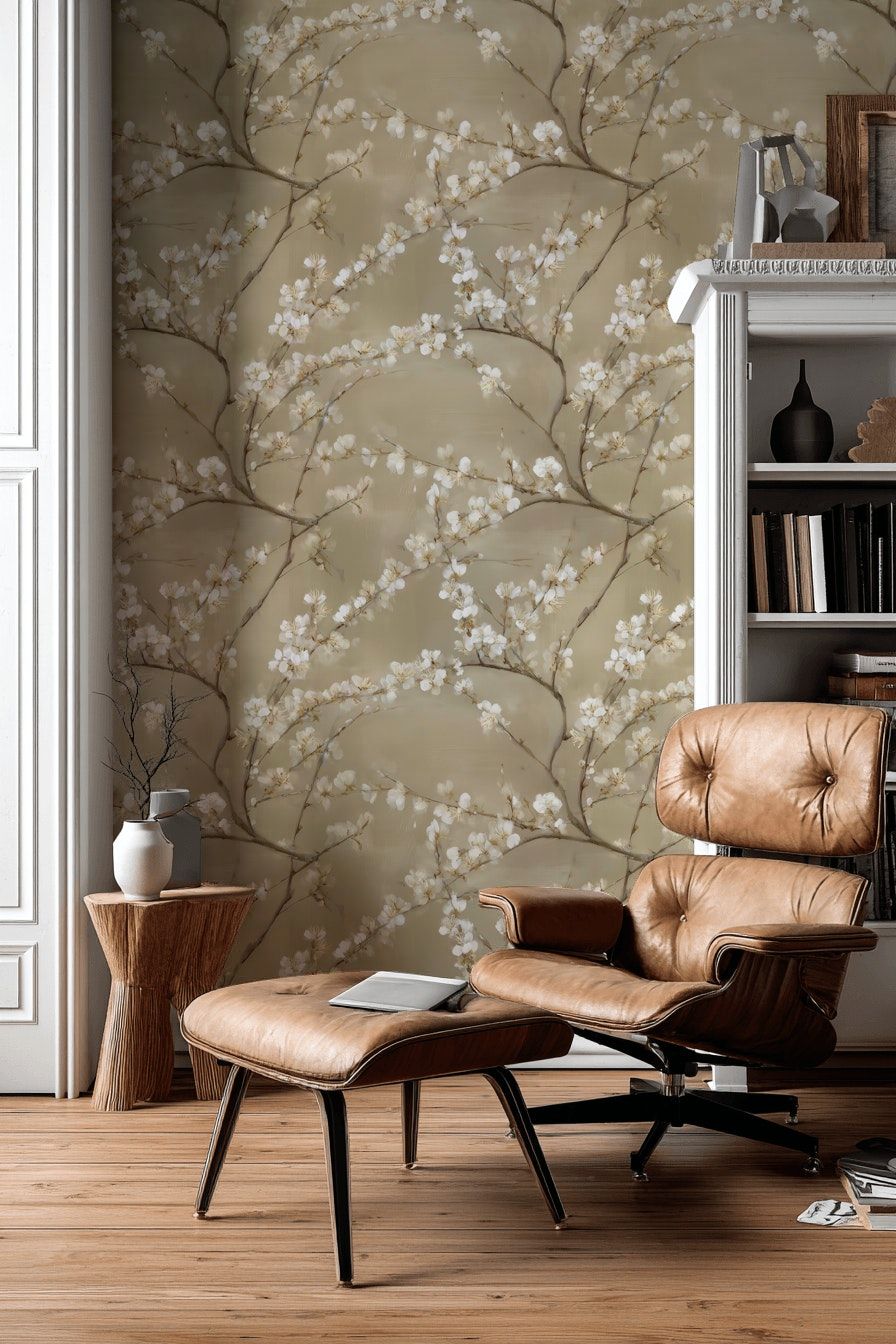 Warm Beige Cherry Blossom Floral Wallpaper