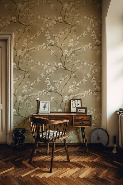 Warm Beige Cherry Blossom Floral Wallpaper