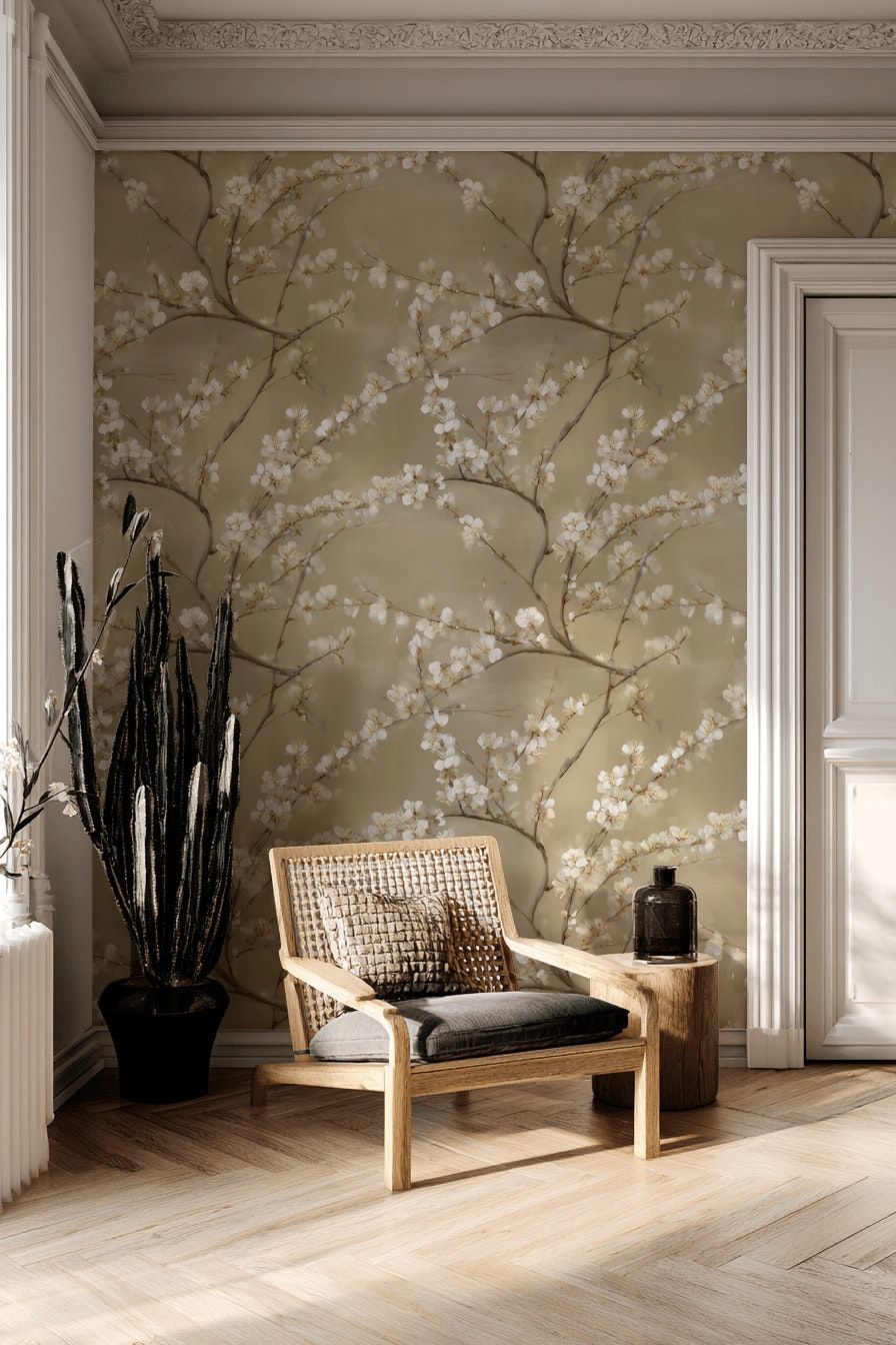 Warm Beige Cherry Blossom Floral Wallpaper