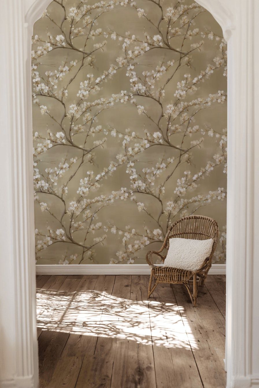 Warm Beige Cherry Blossom Floral Wallpaper