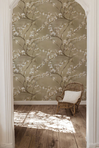 Warm Beige Cherry Blossom Floral Wallpaper