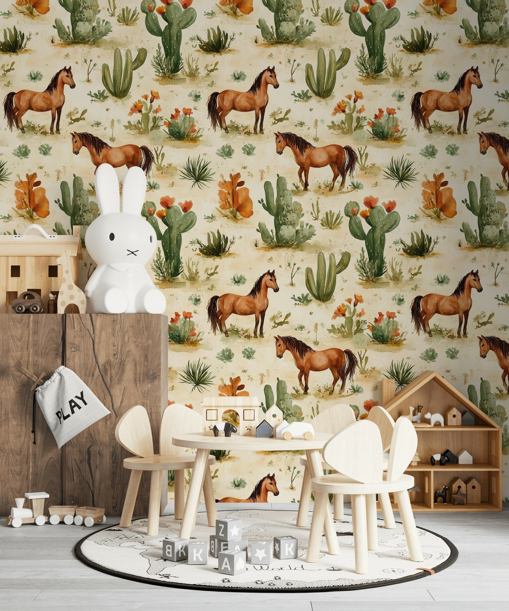 Brown Horses and Cacti Desert Wallpaper