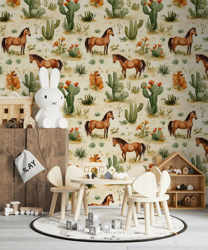 Brown Horses and Cacti Desert Wallpaper