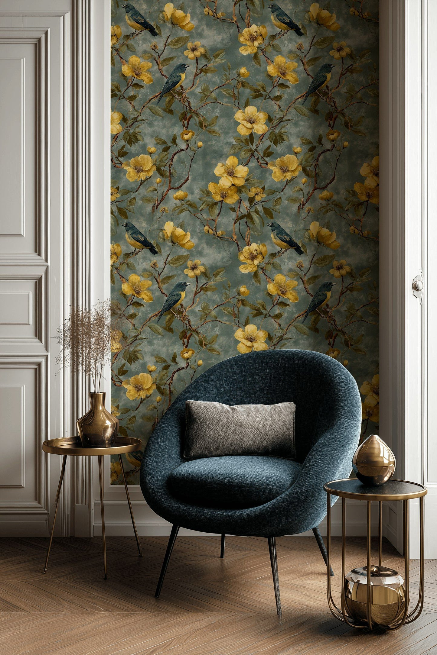 Bird And Floral Wallpaper Yellow Decor Botanical Wall Mural