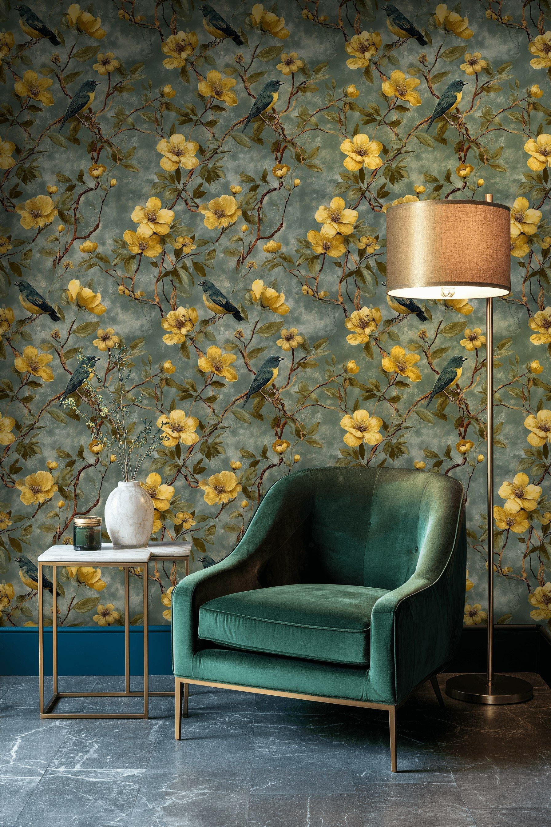 Muted Green and Yellow Tropical Bird Floral Wallpaper