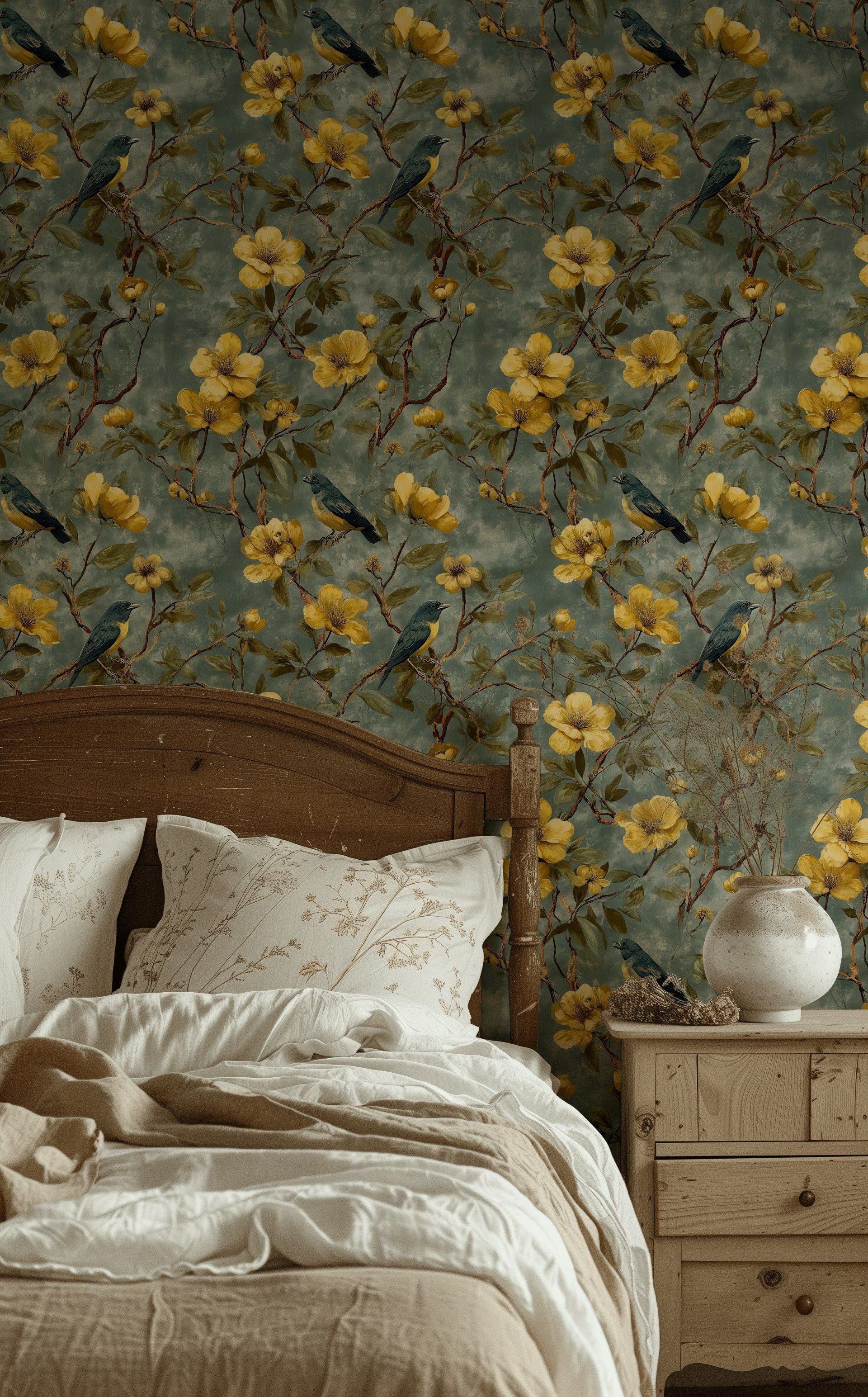 Muted Green and Yellow Tropical Bird Floral Wallpaper
