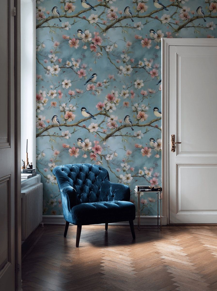 Soft Blue Cherry Blossom with Birds Wallpaper