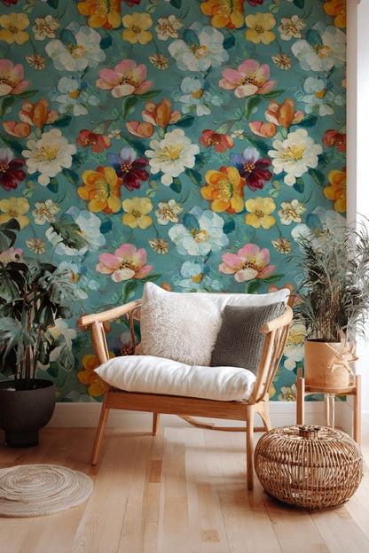 Vibrant Teal Oversized Floral Wallpaper