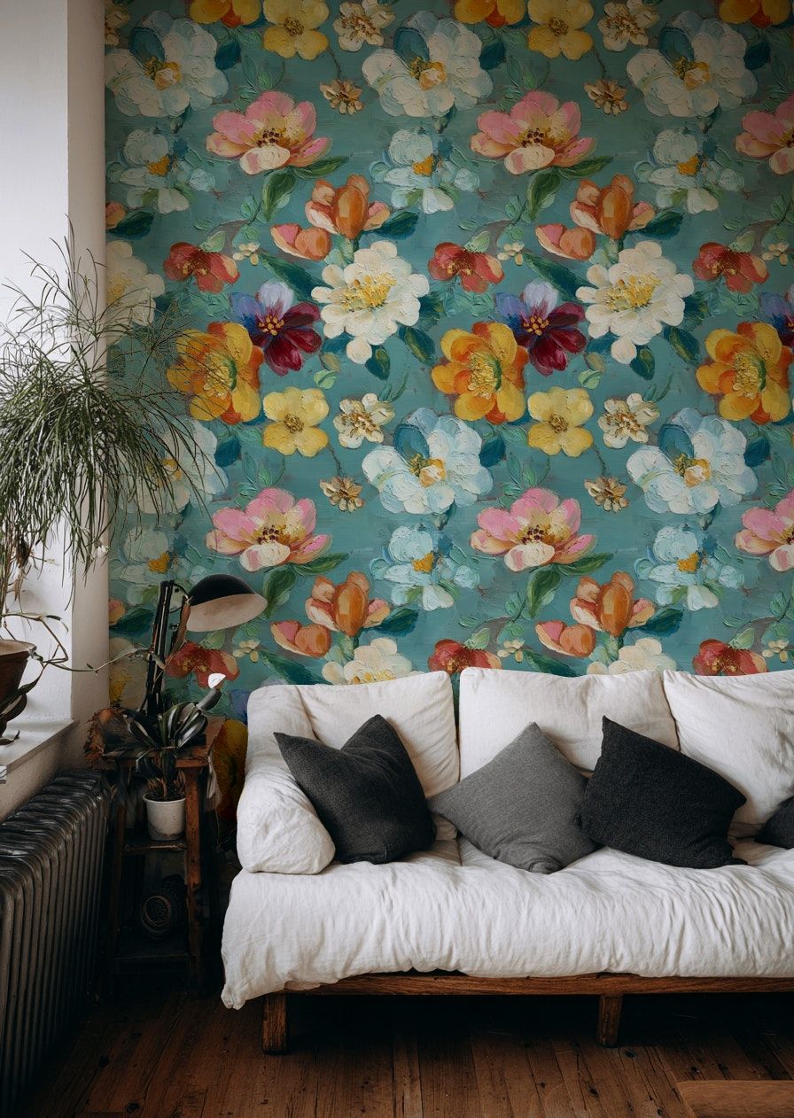 Oil Painted Floral Wallpaper Colorful Wall Mural