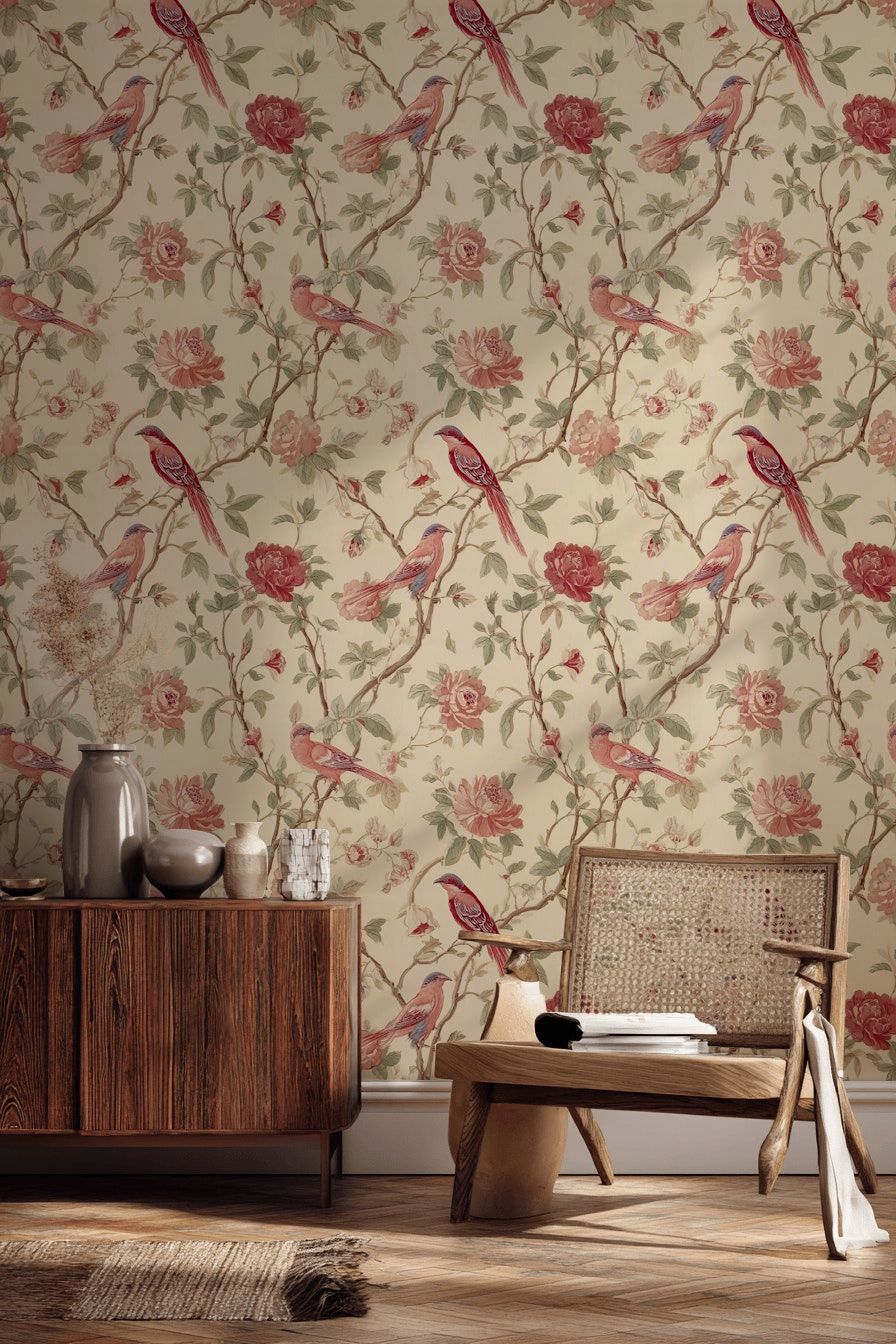Vintage Bird And Floral Wallpaper Beige Wall Mural