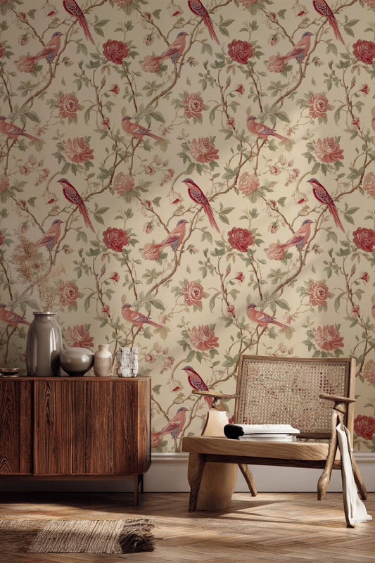 Vintage Bird And Floral Wallpaper Beige Wall Mural