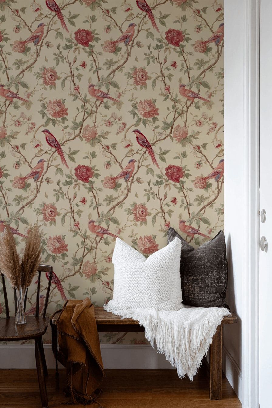 Vintage Bird And Floral Wallpaper Beige Wall Mural