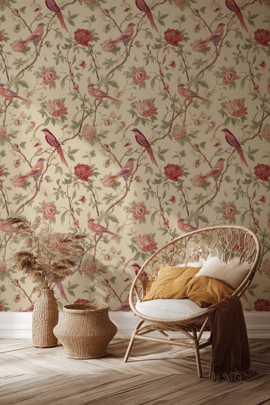 Vintage Bird And Floral Wallpaper Beige Wall Mural