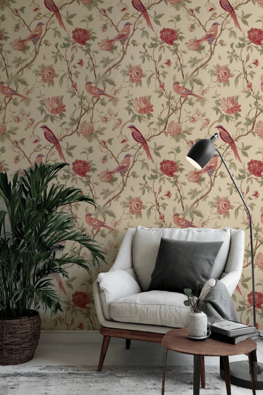 Vintage Bird And Floral Wallpaper Beige Wall Mural