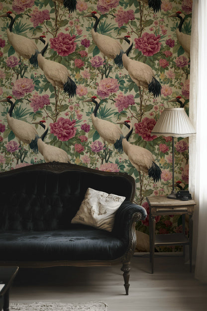 Cream Vintage Bird and Peony Floral Wallpaper