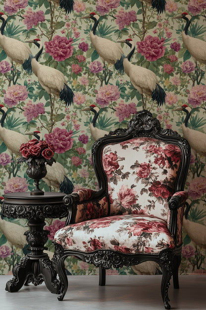 Cream Vintage Bird and Peony Floral Wallpaper