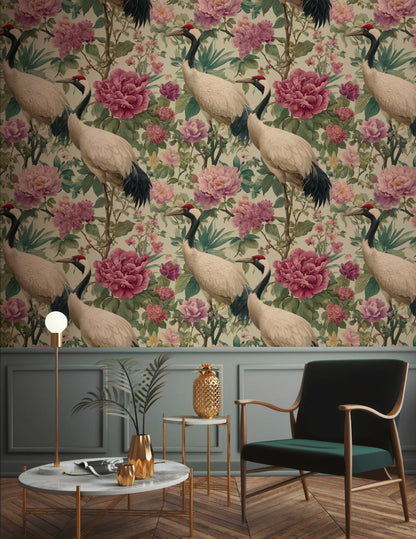 Cream Vintage Bird and Peony Floral Wallpaper