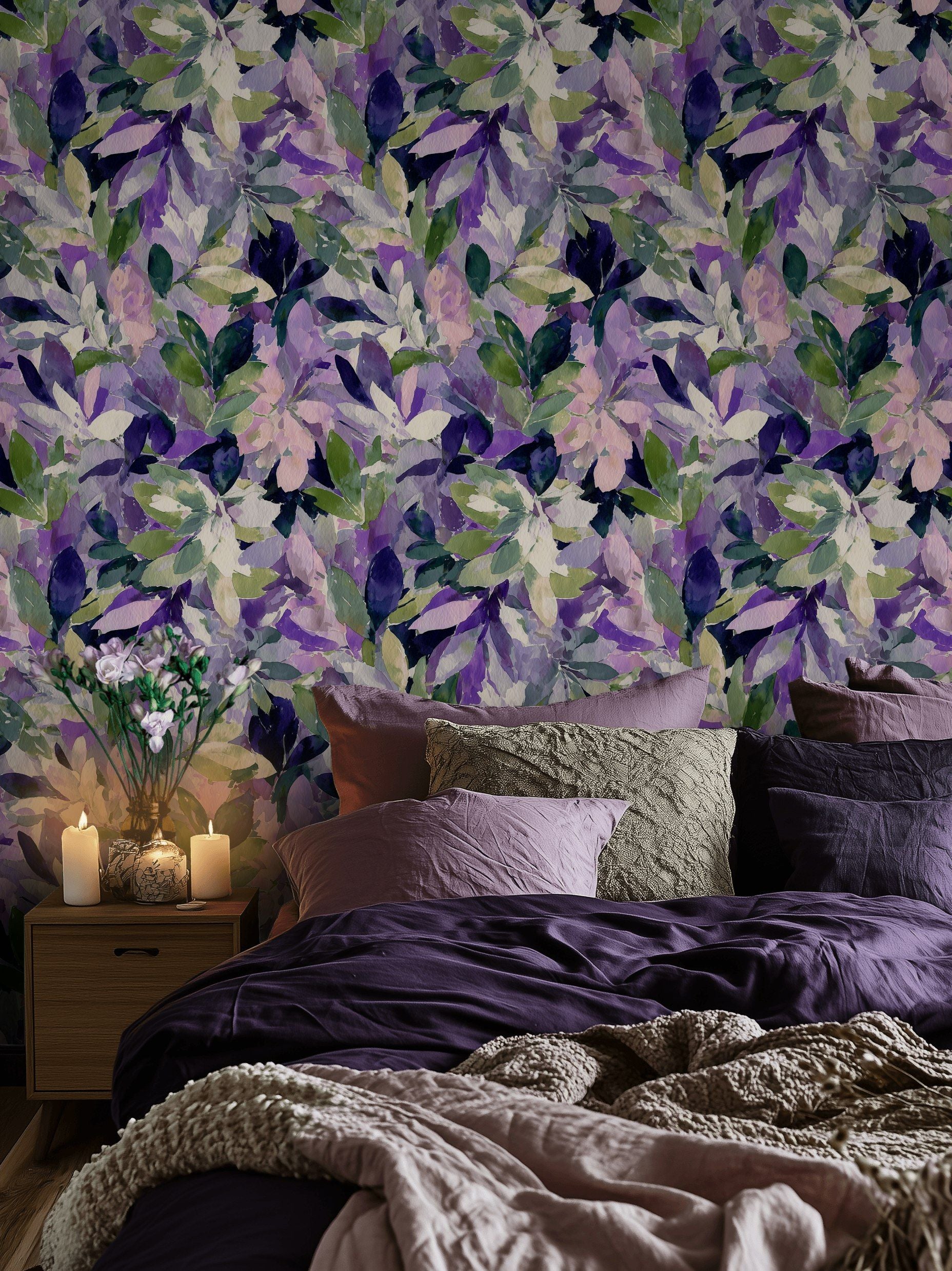 Vibrant Purple and Green Leafy Floral Wallpaper