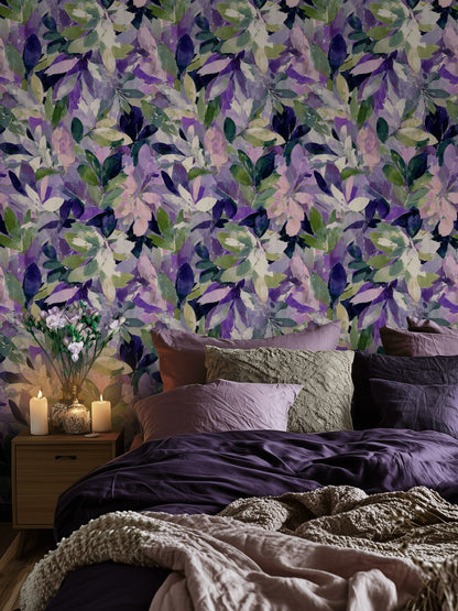Vibrant Purple and Green Leafy Floral Wallpaper