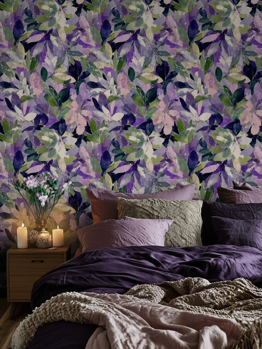 Vibrant Purple and Green Leafy Floral Wallpaper