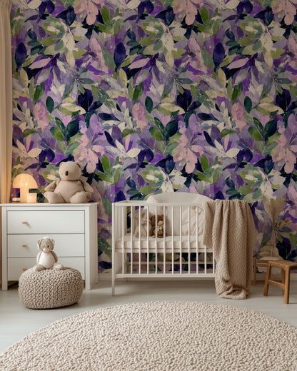 Vibrant Purple and Green Leafy Floral Wallpaper