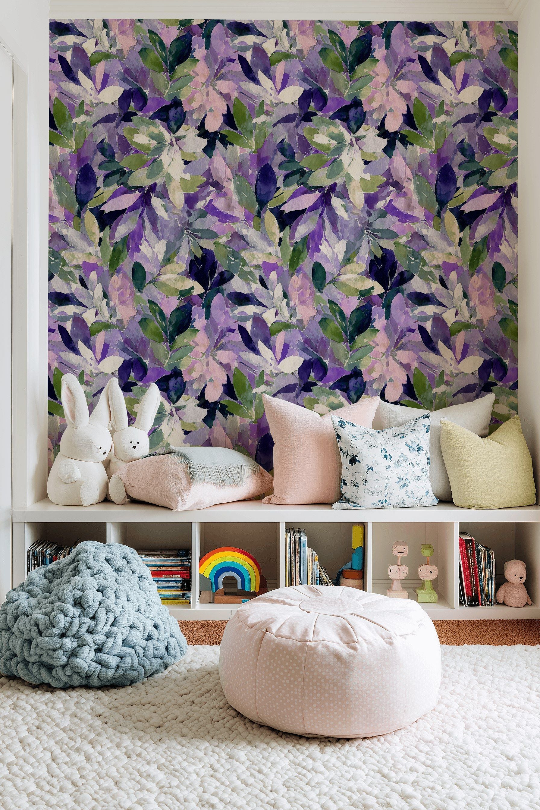 Vibrant Purple and Green Leafy Floral Wallpaper