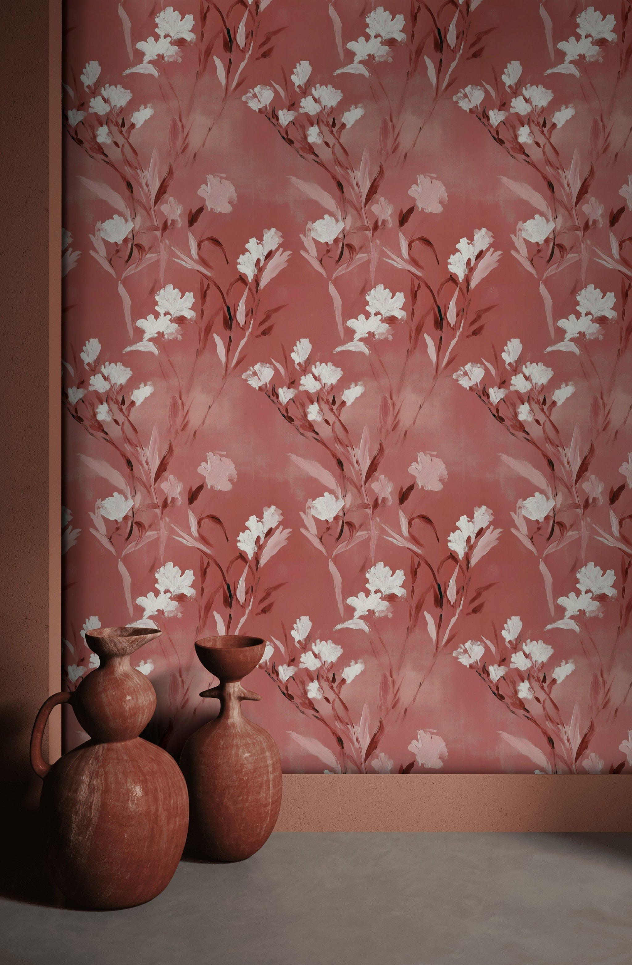Coral and White Wildflower Pattern Wallpaper