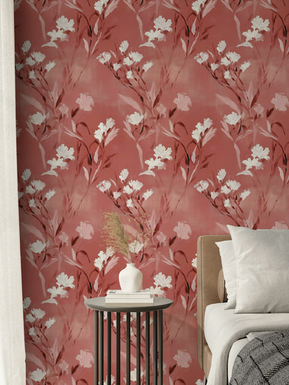Coral and White Wildflower Pattern Wallpaper