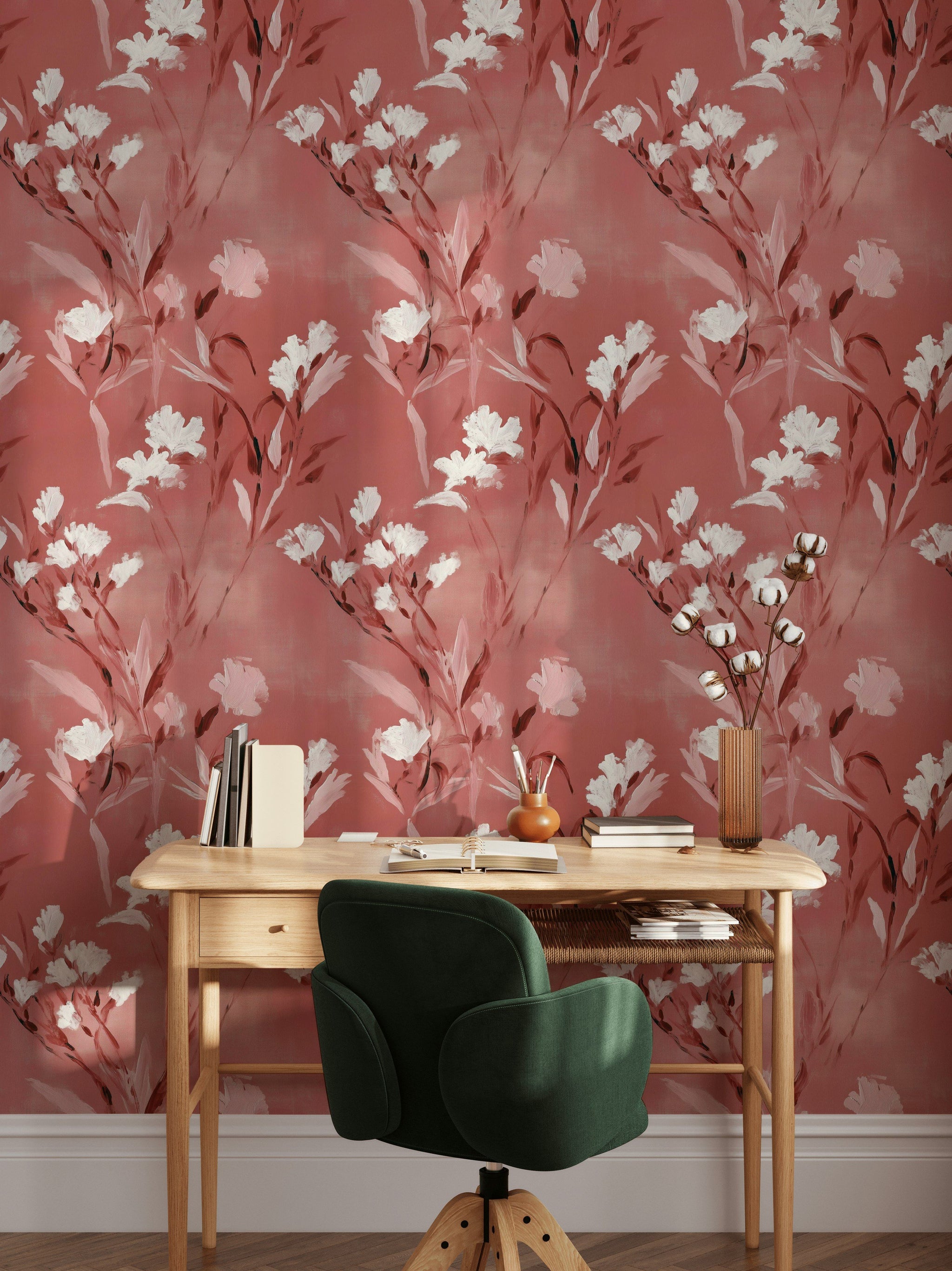 Coral and White Wildflower Pattern Wallpaper