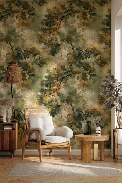 Earthy Green and Brown Leafy Texture Wallpaper