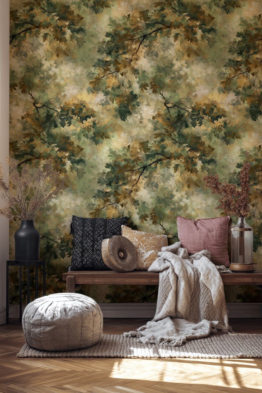 Earthy Green and Brown Leafy Texture Wallpaper