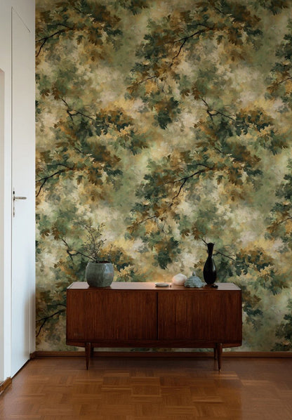 Earthy Green and Brown Leafy Texture Wallpaper