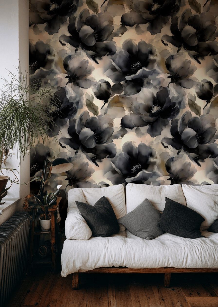 Black Floral Wallpaper Watercolor Dark Botanical Wall Mural