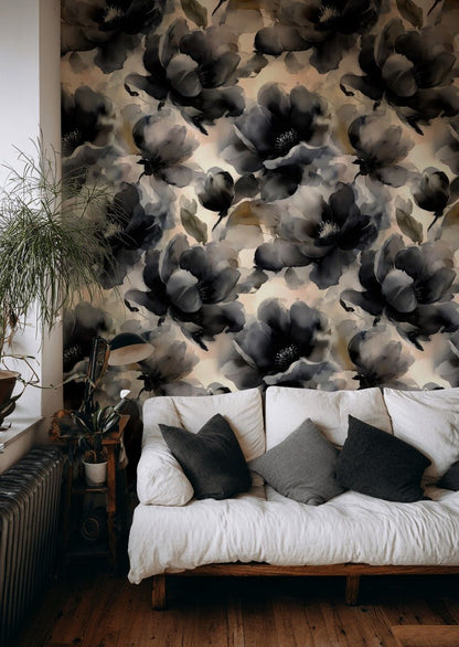 Moody Black and Beige Watercolor Floral Wallpaper
