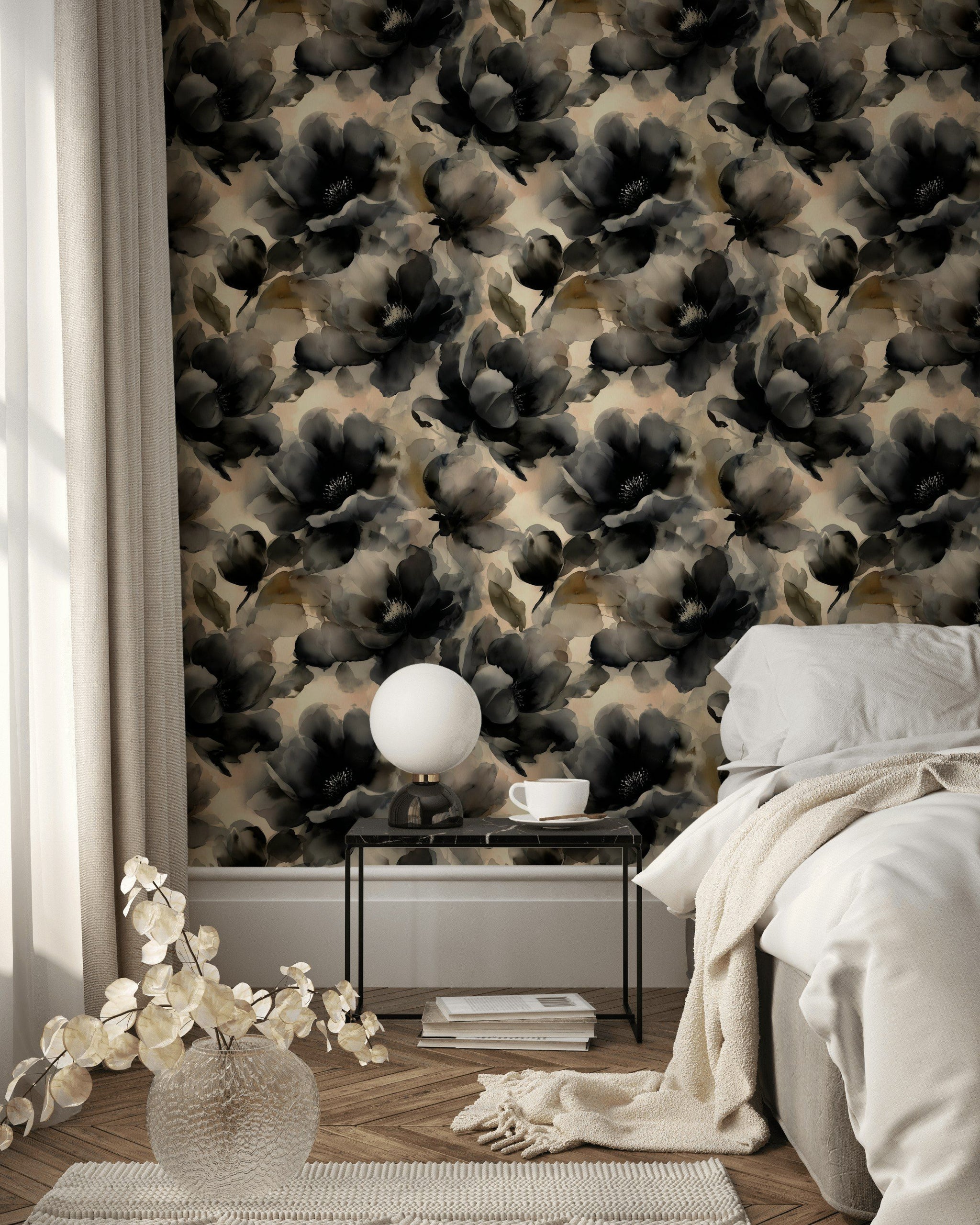 Moody Black and Beige Watercolor Floral Wallpaper