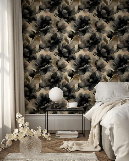 Moody Black and Beige Watercolor Floral Wallpaper