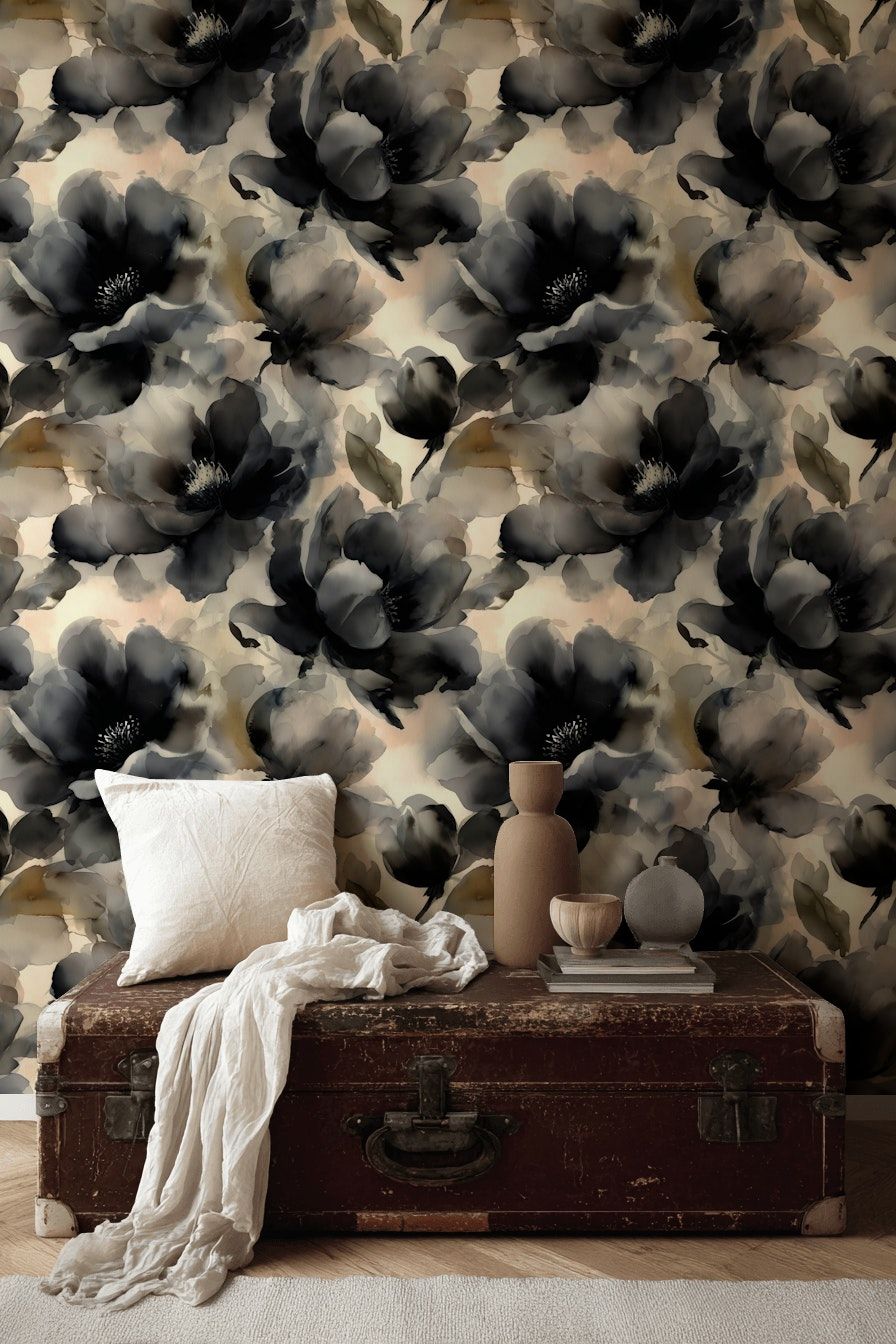 Black Floral Wallpaper Watercolor Dark Botanical Wall Mural