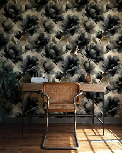 Moody Black and Beige Watercolor Floral Wallpaper